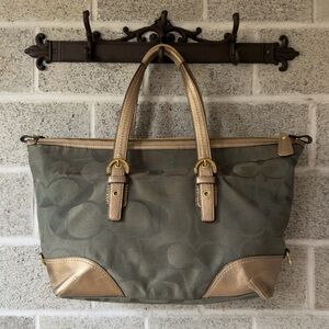 Coach Olive Green Tote with Metallic Gold Accents